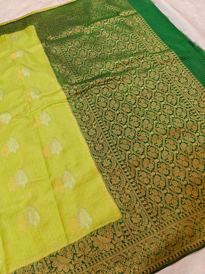 LIME YELLOW COLOUR CREPE GEORGETTE CHECKS WIT BOTTLE GREEN BORDER