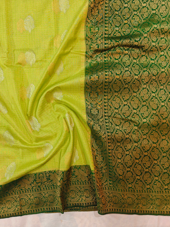 LIME YELLOW COLOUR CREPE GEORGETTE CHECKS WIT BOTTLE GREEN BORDER