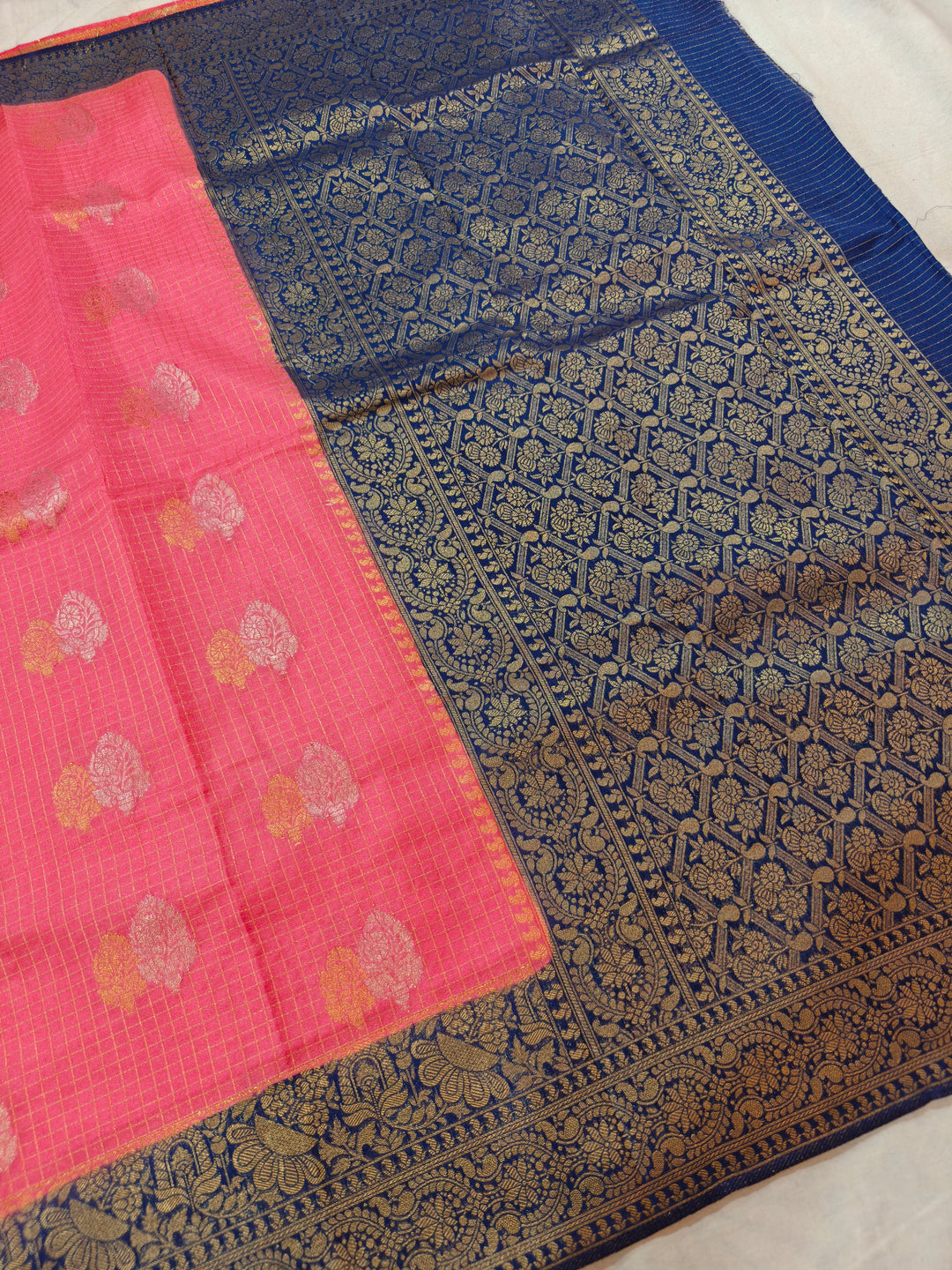 PEACH COLOUR CREPE GEORGETTE CHECKS WITH  ROYAL BLUE BORDER
