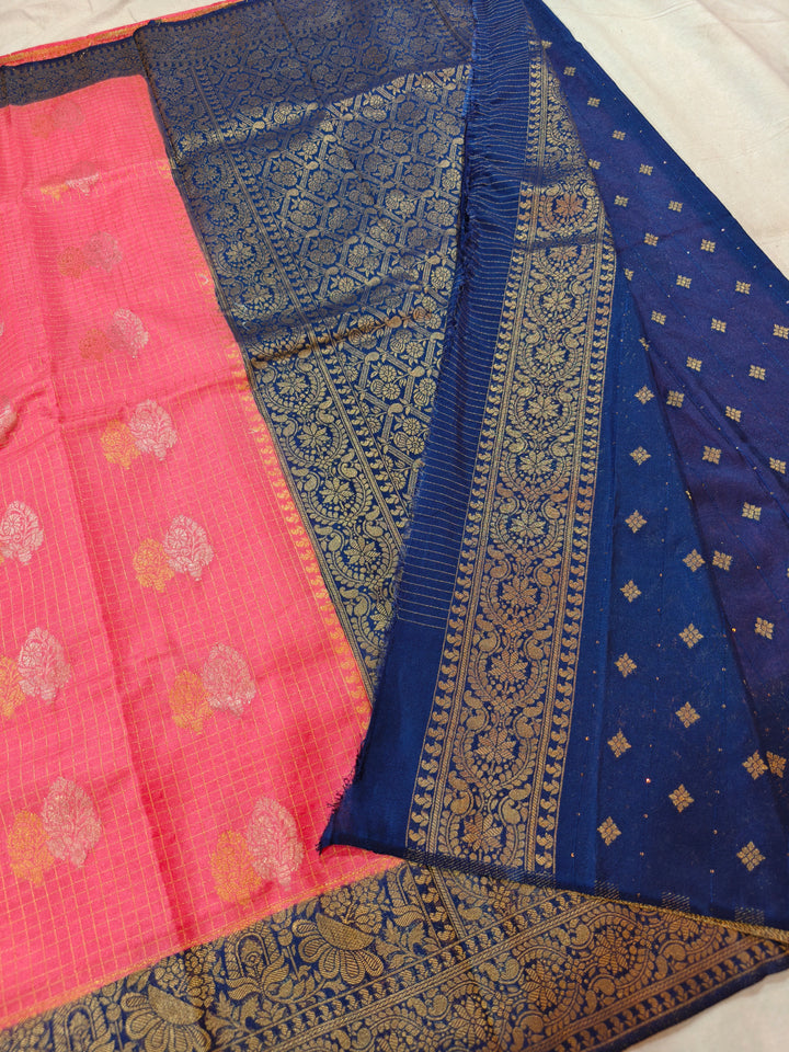 PEACH COLOUR CREPE GEORGETTE CHECKS WITH  ROYAL BLUE BORDER