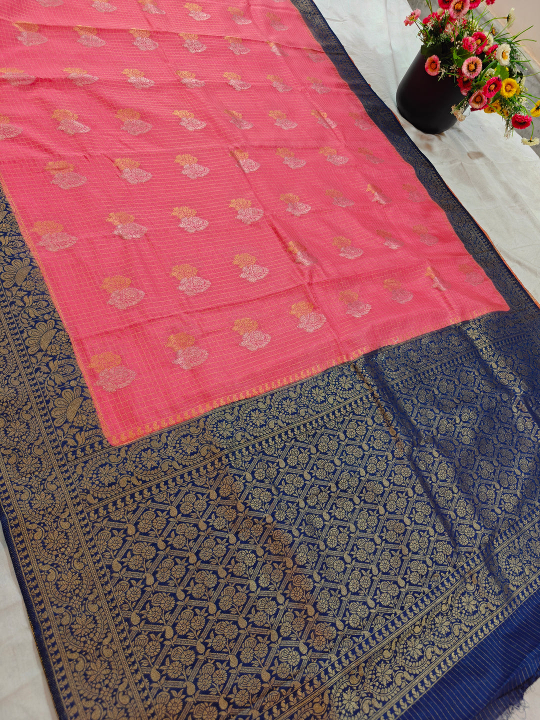 PEACH COLOUR CREPE GEORGETTE CHECKS WITH  ROYAL BLUE BORDER