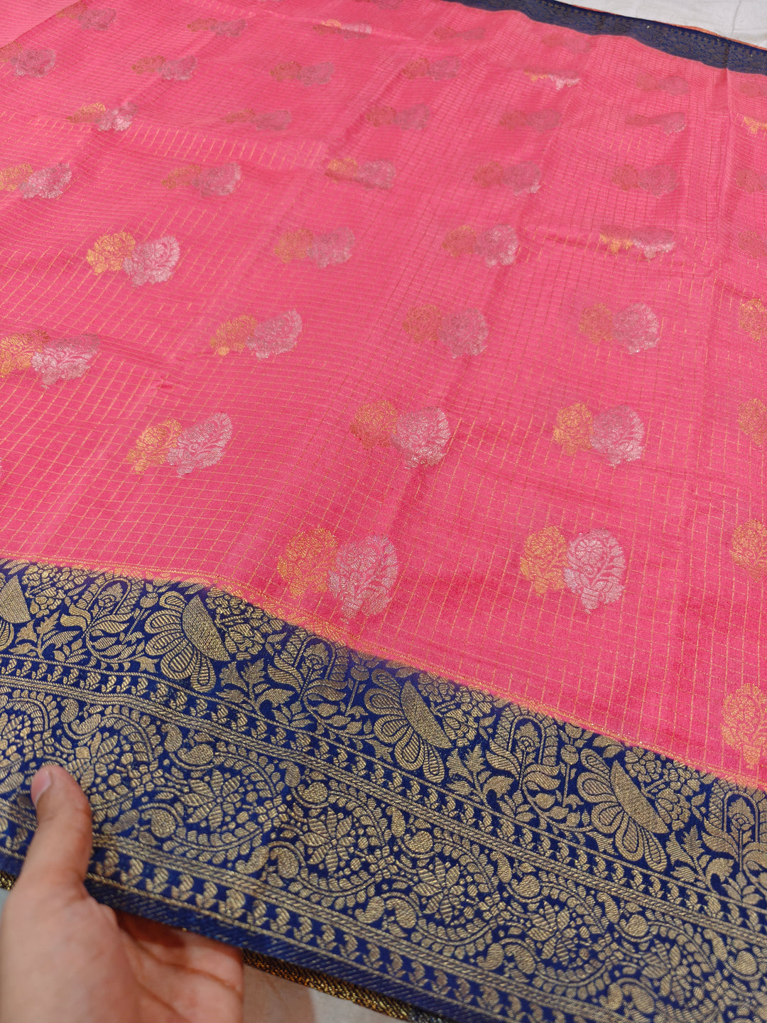PEACH COLOUR CREPE GEORGETTE CHECKS WITH  ROYAL BLUE BORDER