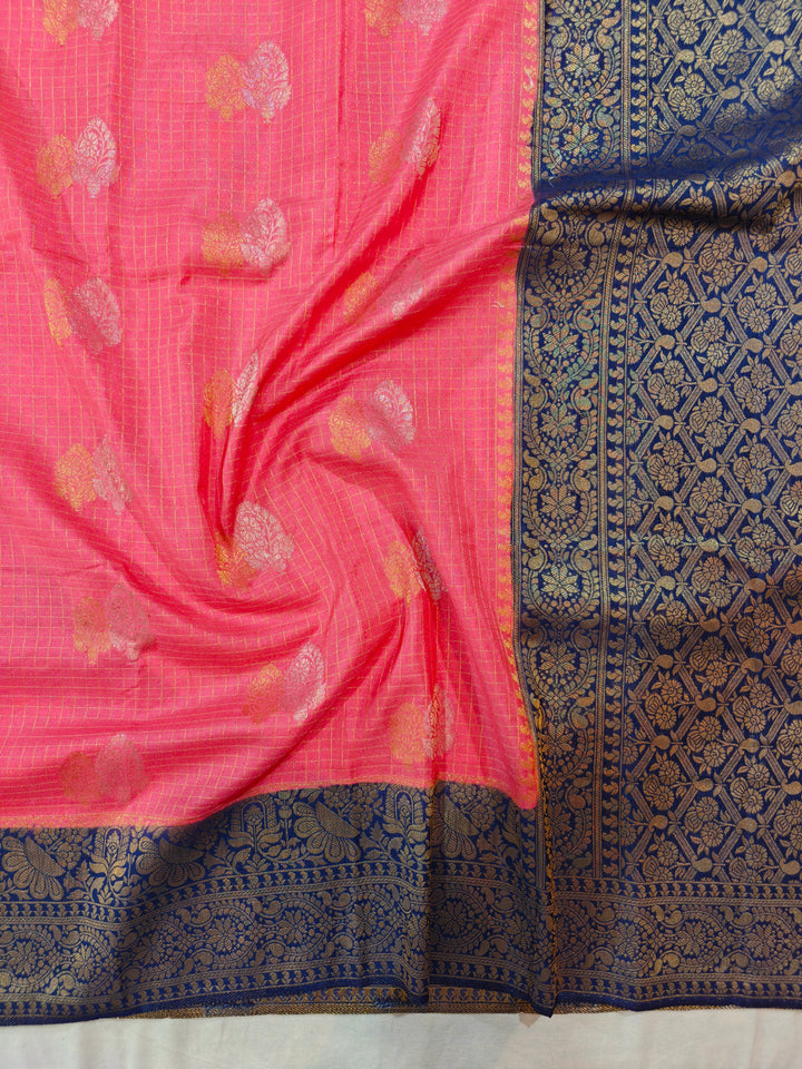 PEACH COLOUR CREPE GEORGETTE CHECKS WITH  ROYAL BLUE BORDER