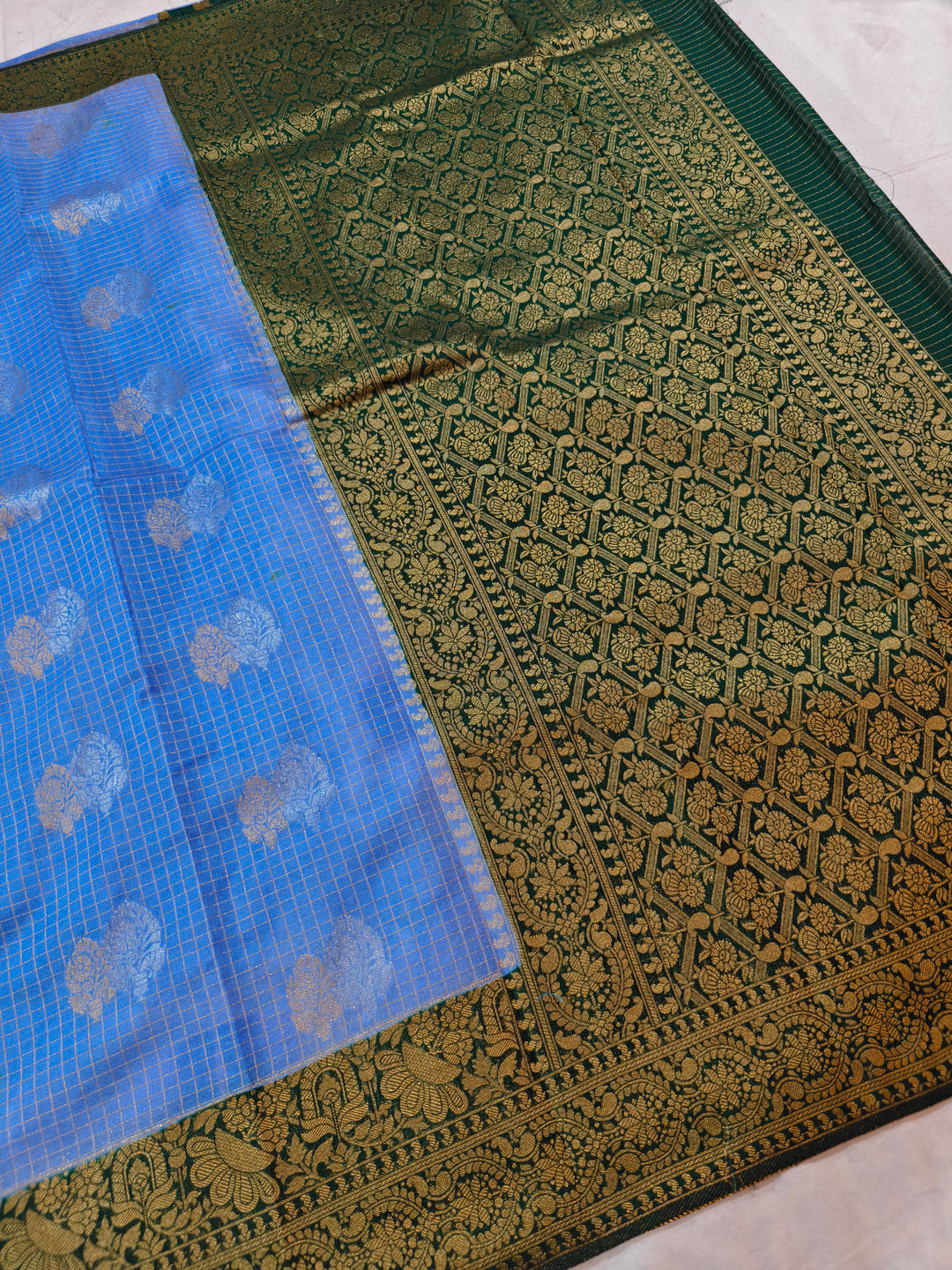 FEROZI CREPE GEORGETTE CHECKS WITH BOTTLE GREEN BORDER