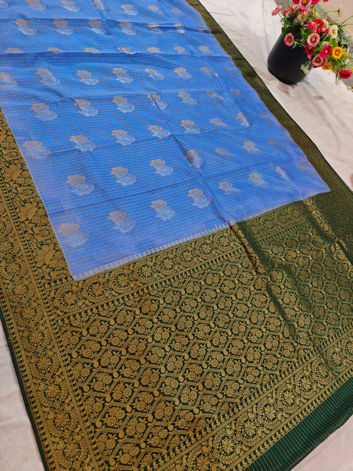 FEROZI CREPE GEORGETTE CHECKS WITH BOTTLE GREEN BORDER
