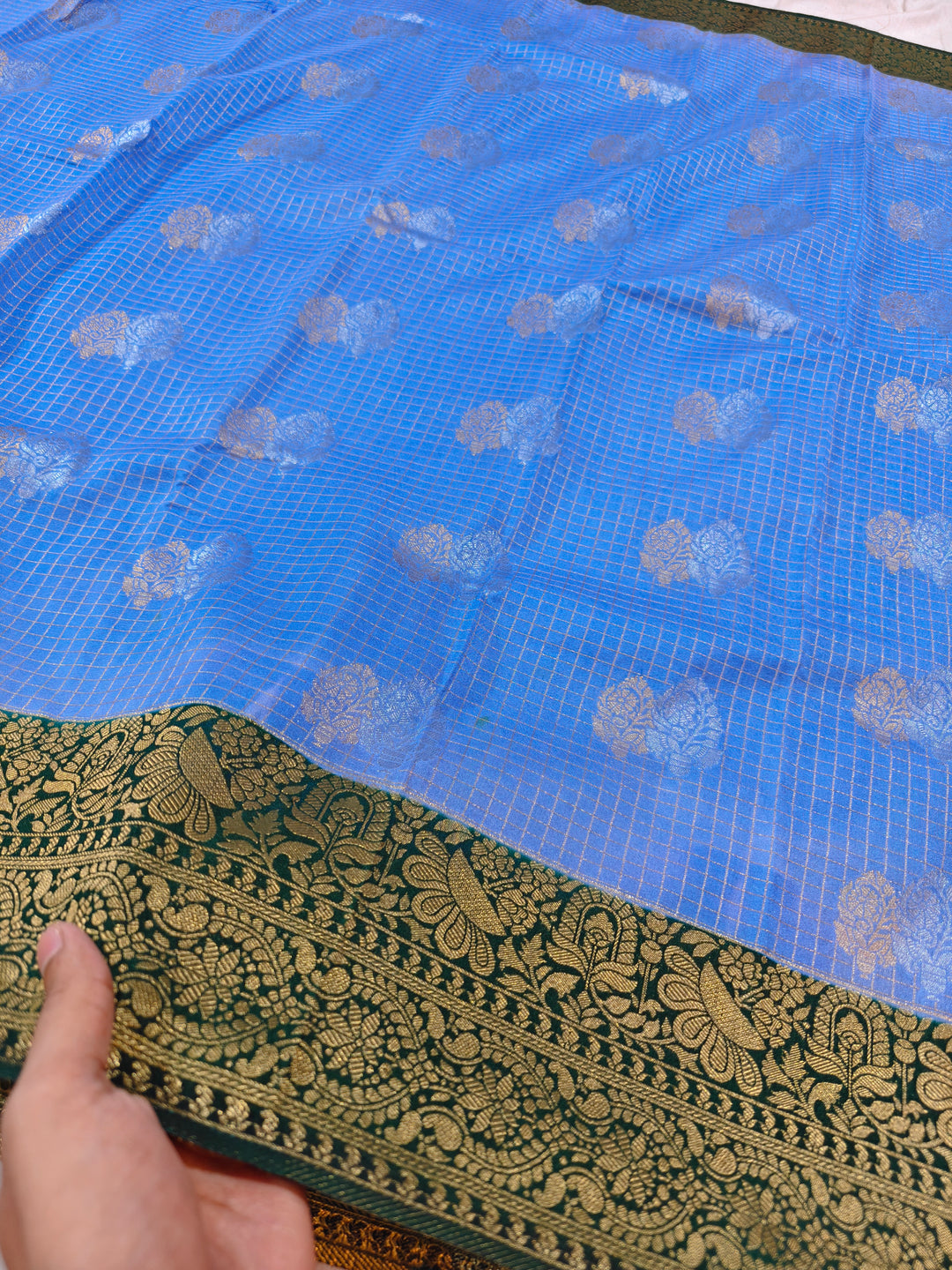 FEROZI CREPE GEORGETTE CHECKS WITH BOTTLE GREEN BORDER
