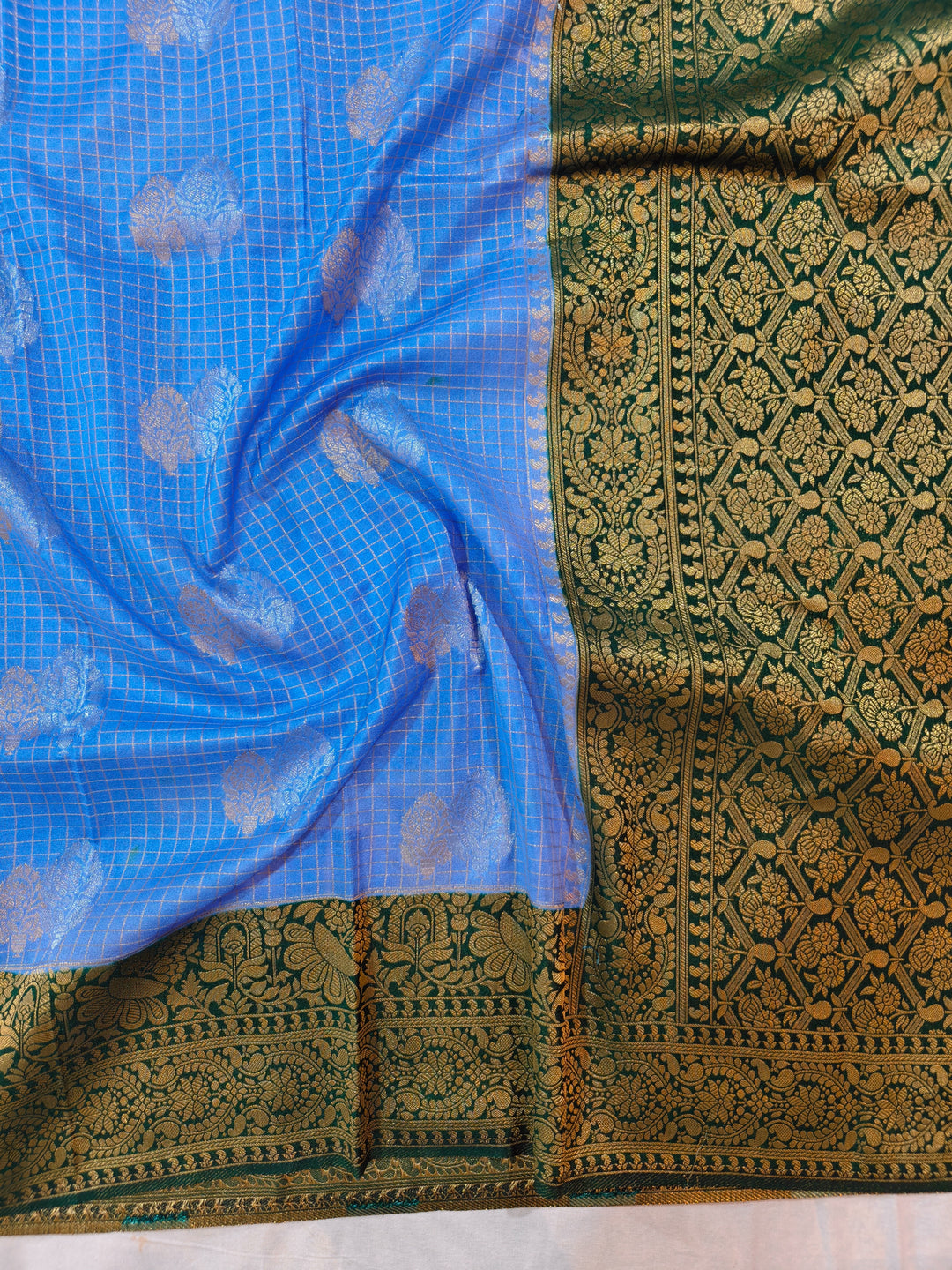 FEROZI CREPE GEORGETTE CHECKS WITH BOTTLE GREEN BORDER