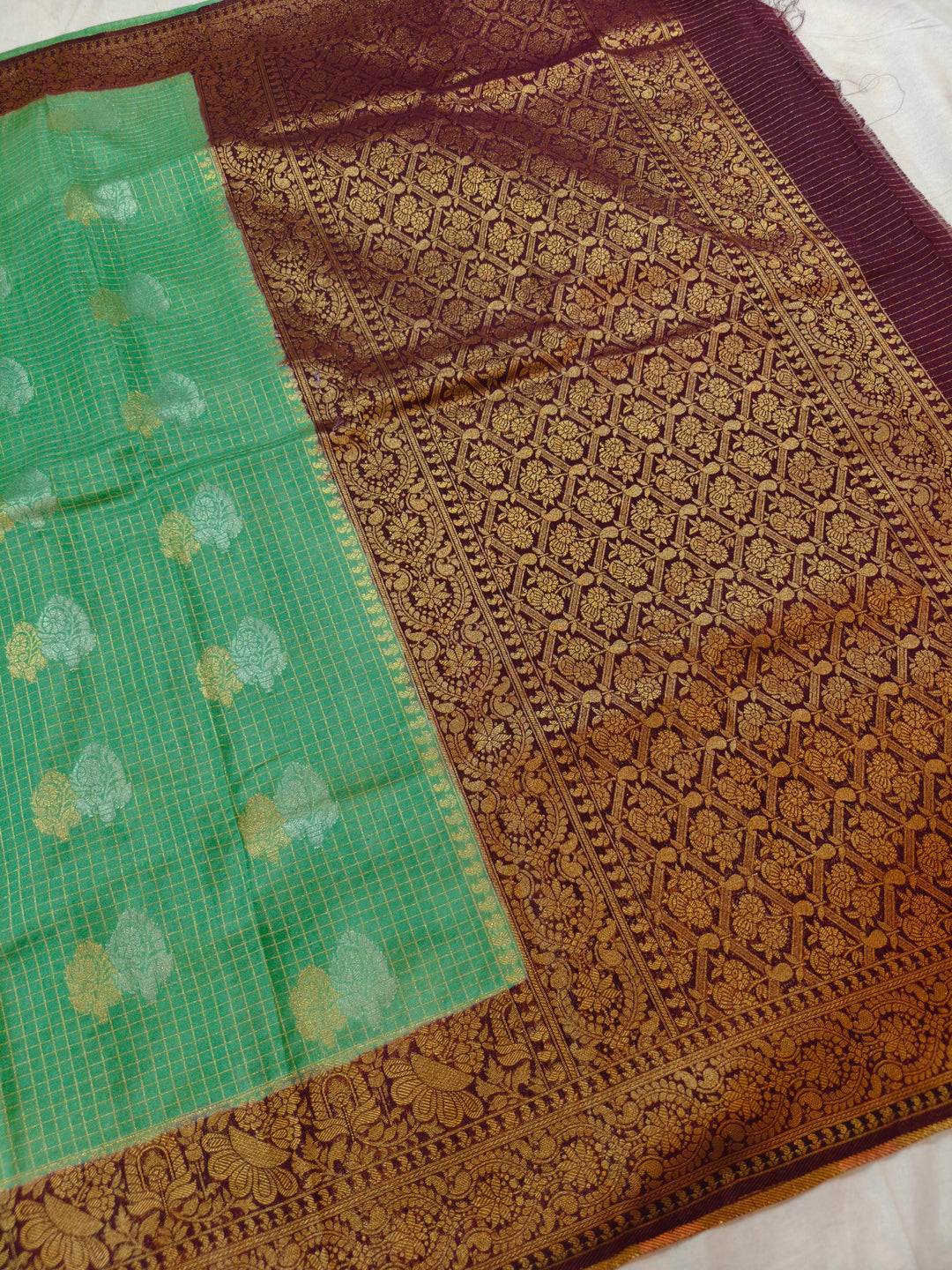 PISTA GREEN CREPE GEORGETTE CHECKS WITH GARNET BORDER