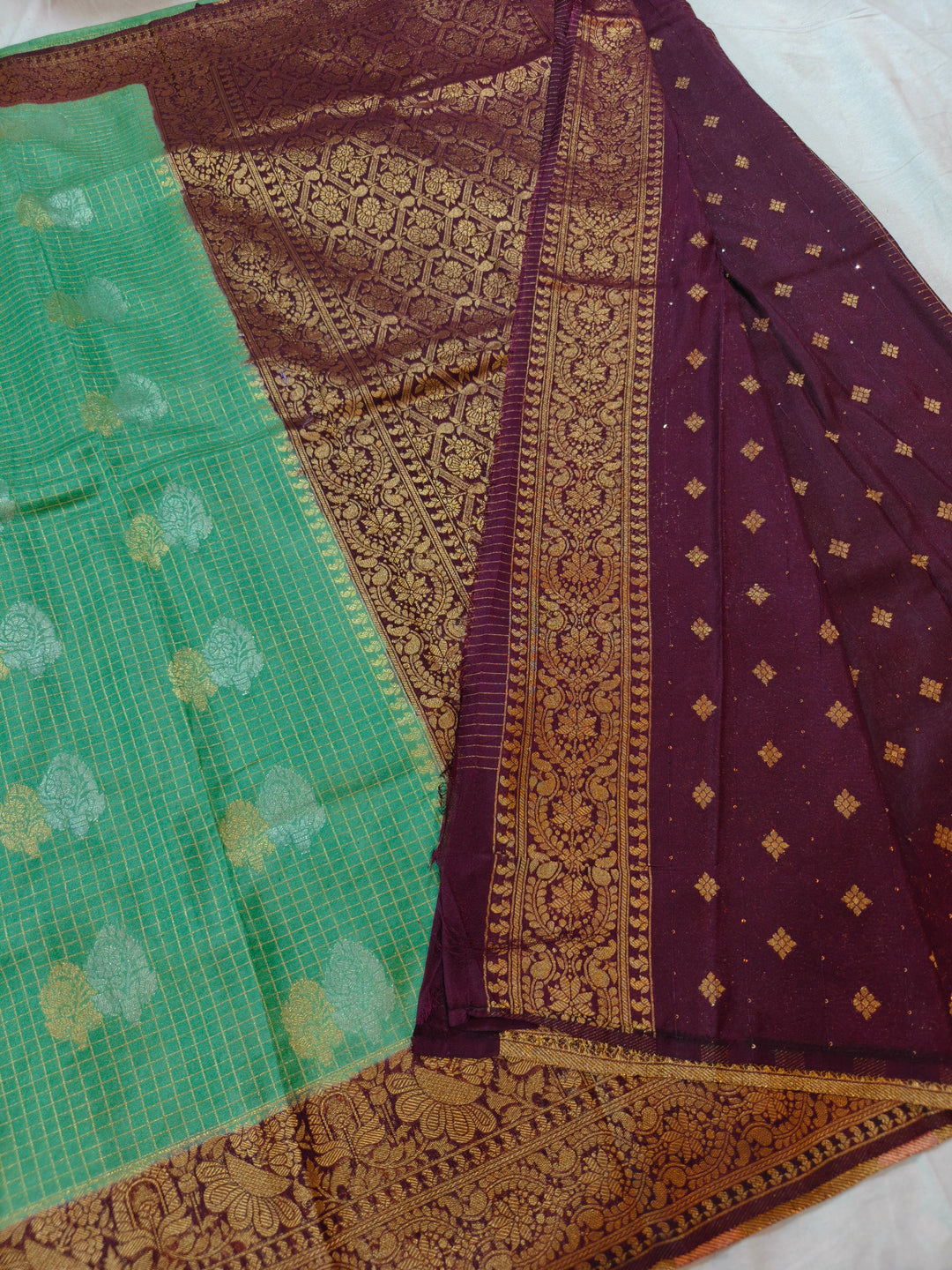 PISTA GREEN CREPE GEORGETTE CHECKS WITH GARNET BORDER