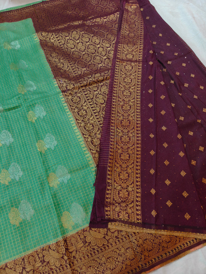 PISTA GREEN CREPE GEORGETTE CHECKS WITH GARNET BORDER