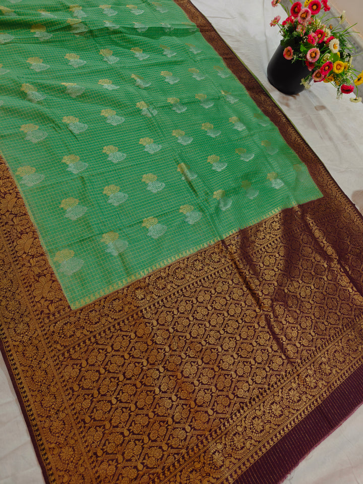 PISTA GREEN CREPE GEORGETTE CHECKS WITH GARNET BORDER