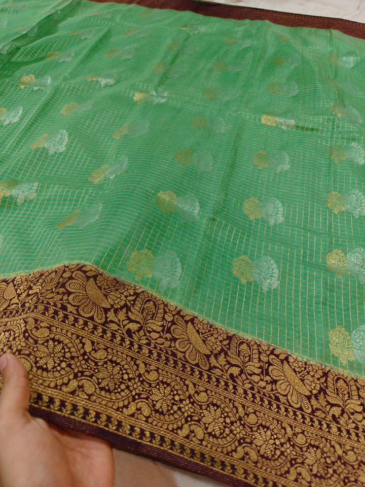 PISTA GREEN CREPE GEORGETTE CHECKS WITH GARNET BORDER