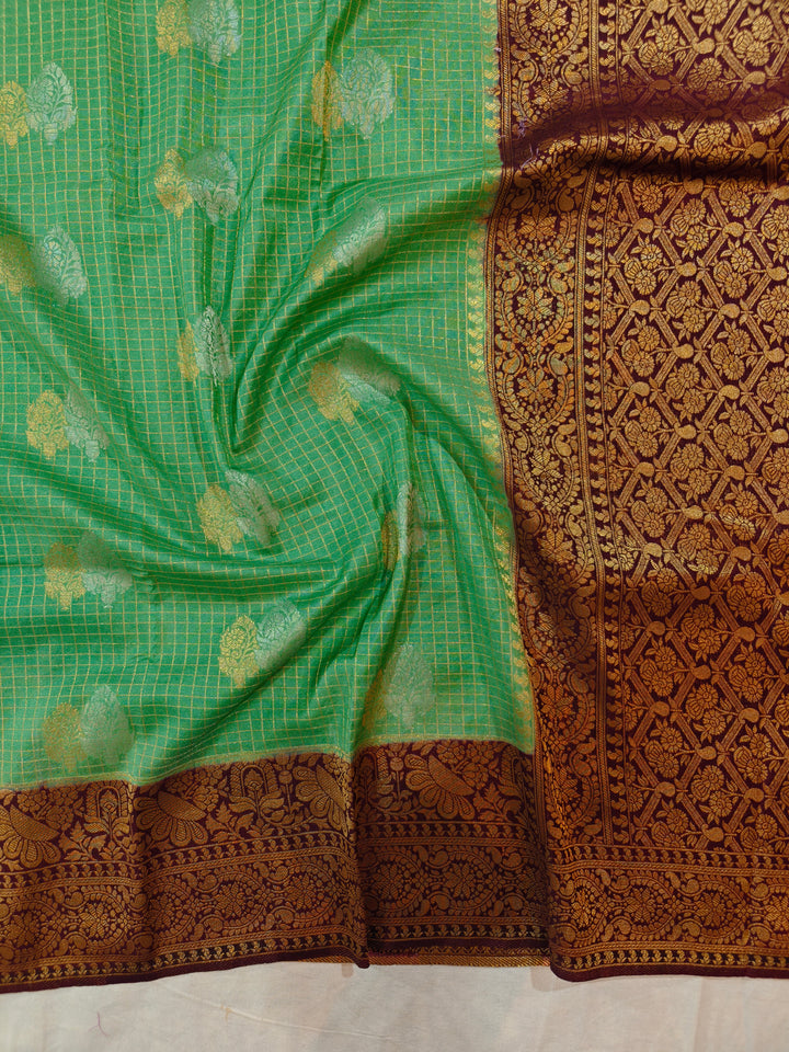 PISTA GREEN CREPE GEORGETTE CHECKS WITH GARNET BORDER