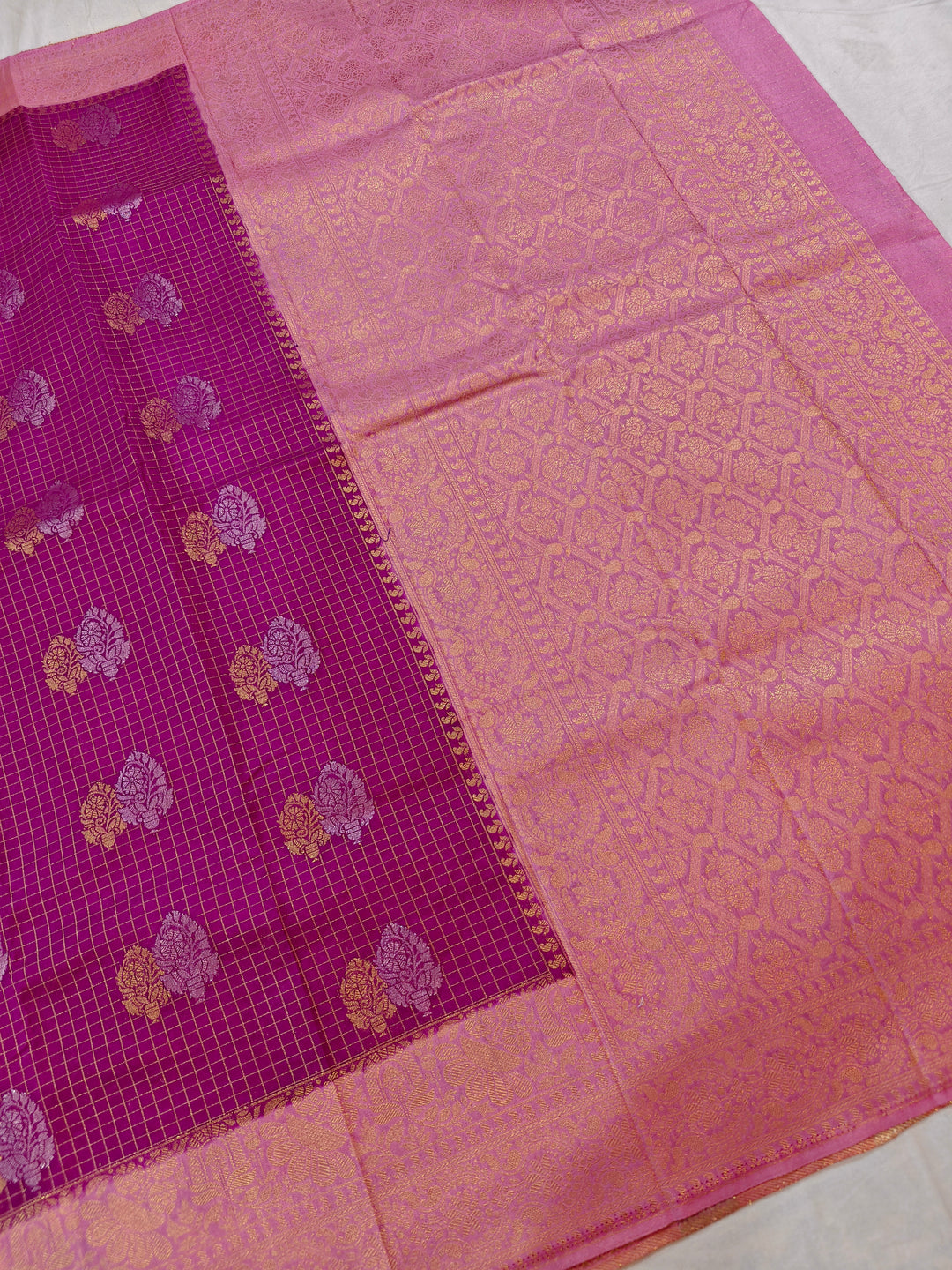 MAGENTA COLOUR CREPE GEROGETTE CHECKS WITH BABY PINK BORDER