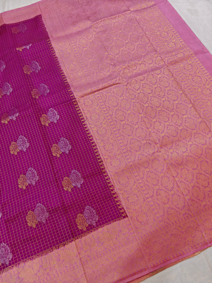 MAGENTA COLOUR CREPE GEROGETTE CHECKS WITH BABY PINK BORDER