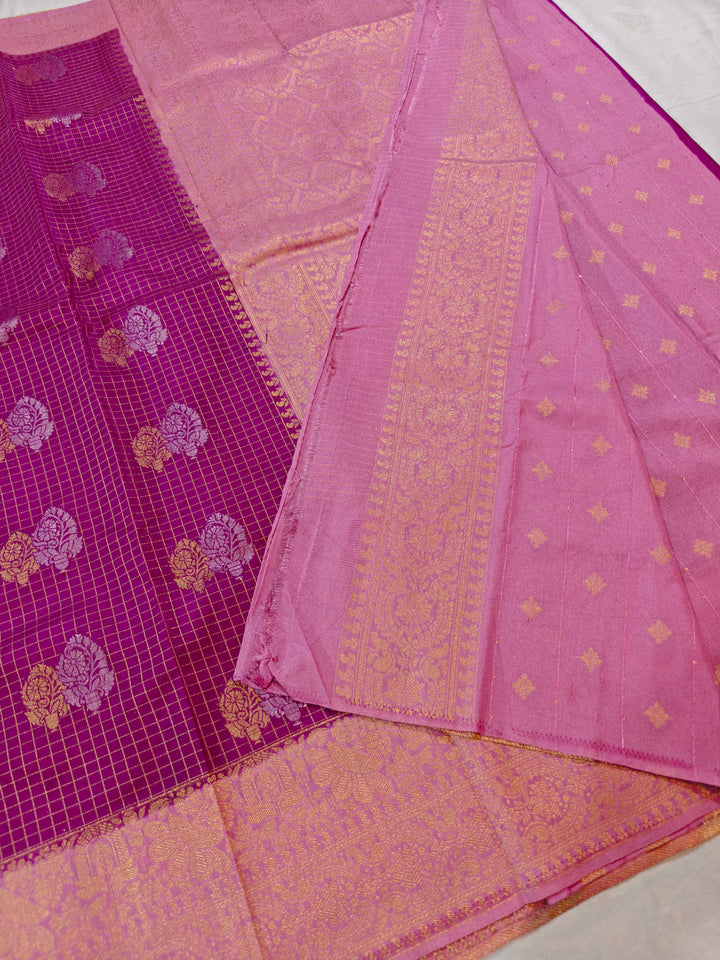MAGENTA COLOUR CREPE GEROGETTE CHECKS WITH BABY PINK BORDER