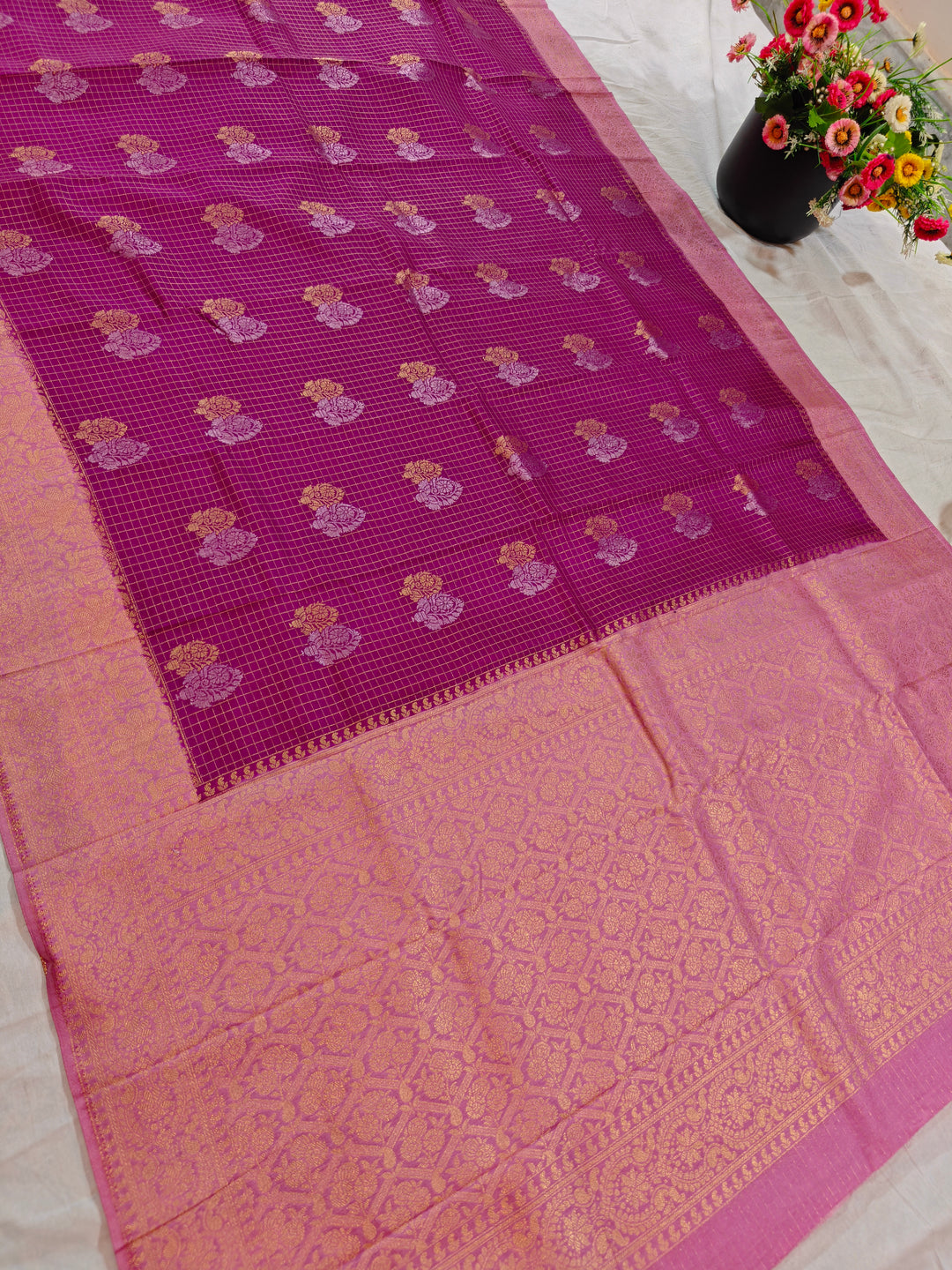 MAGENTA COLOUR CREPE GEROGETTE CHECKS WITH BABY PINK BORDER