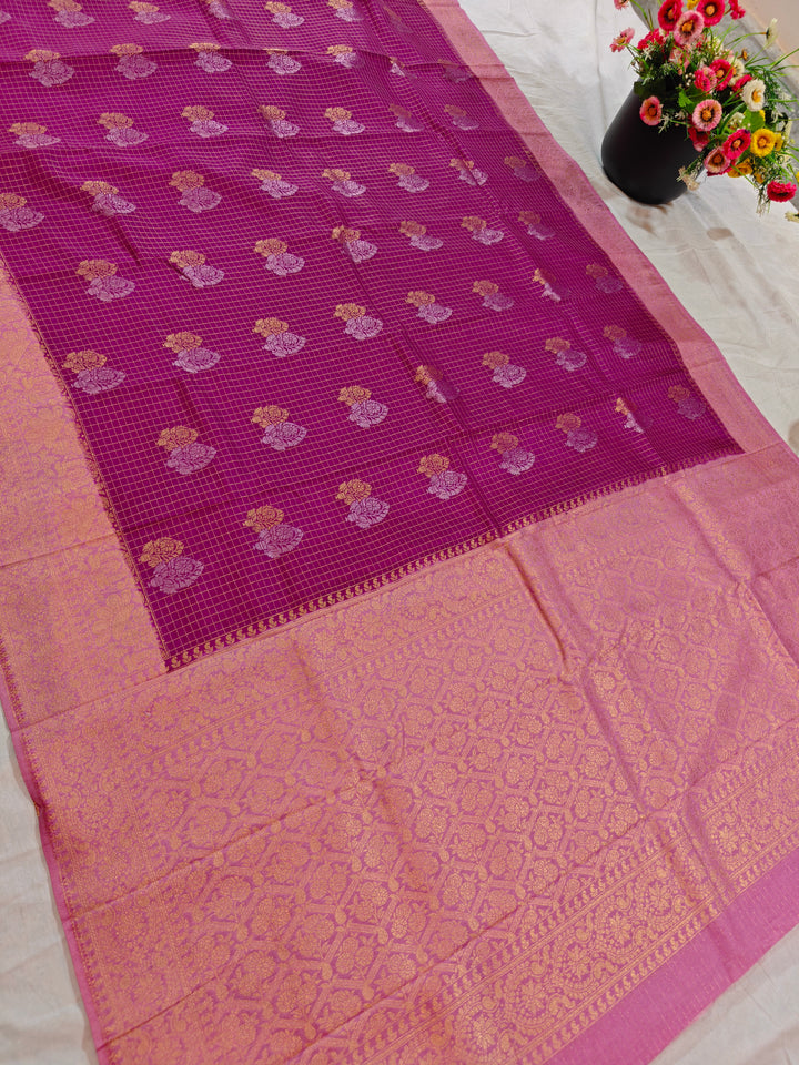 MAGENTA COLOUR CREPE GEROGETTE CHECKS WITH BABY PINK BORDER