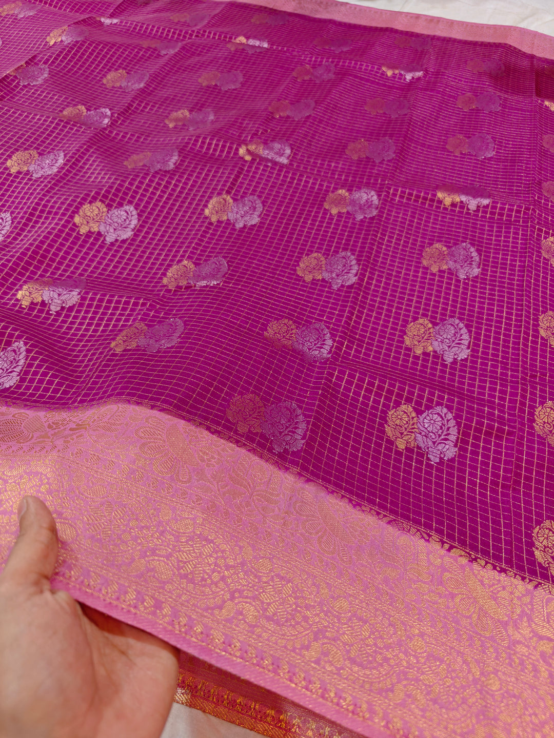 MAGENTA COLOUR CREPE GEROGETTE CHECKS WITH BABY PINK BORDER