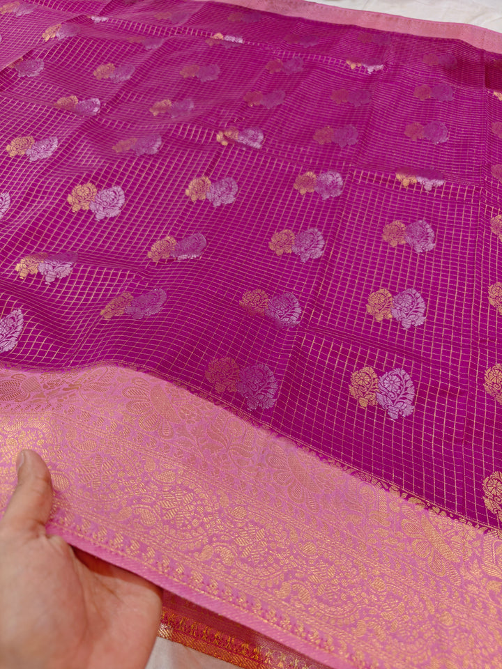 MAGENTA COLOUR CREPE GEROGETTE CHECKS WITH BABY PINK BORDER