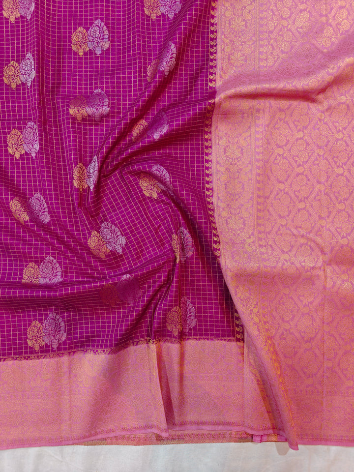 MAGENTA COLOUR CREPE GEROGETTE CHECKS WITH BABY PINK BORDER
