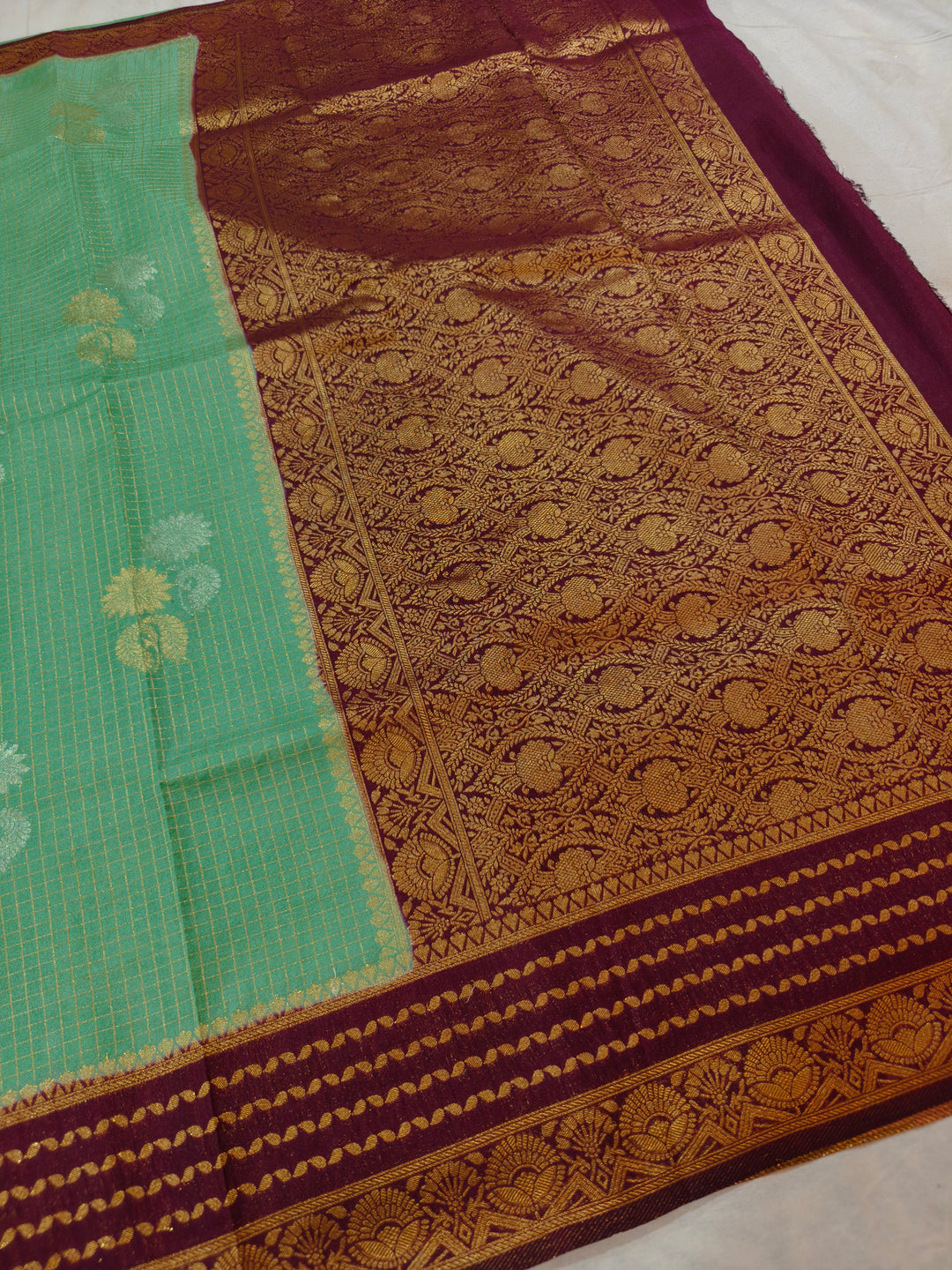 PISTA GREEN CREPE GEORGETTE CHECKS WITH GARNET BORDER
