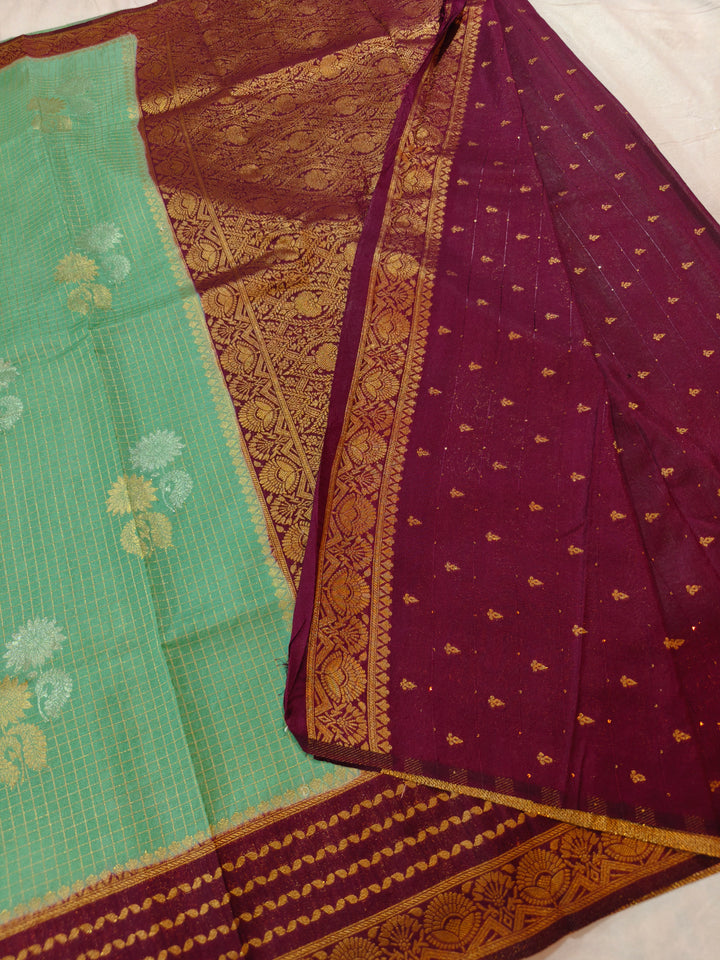 PISTA GREEN CREPE GEORGETTE CHECKS WITH GARNET BORDER