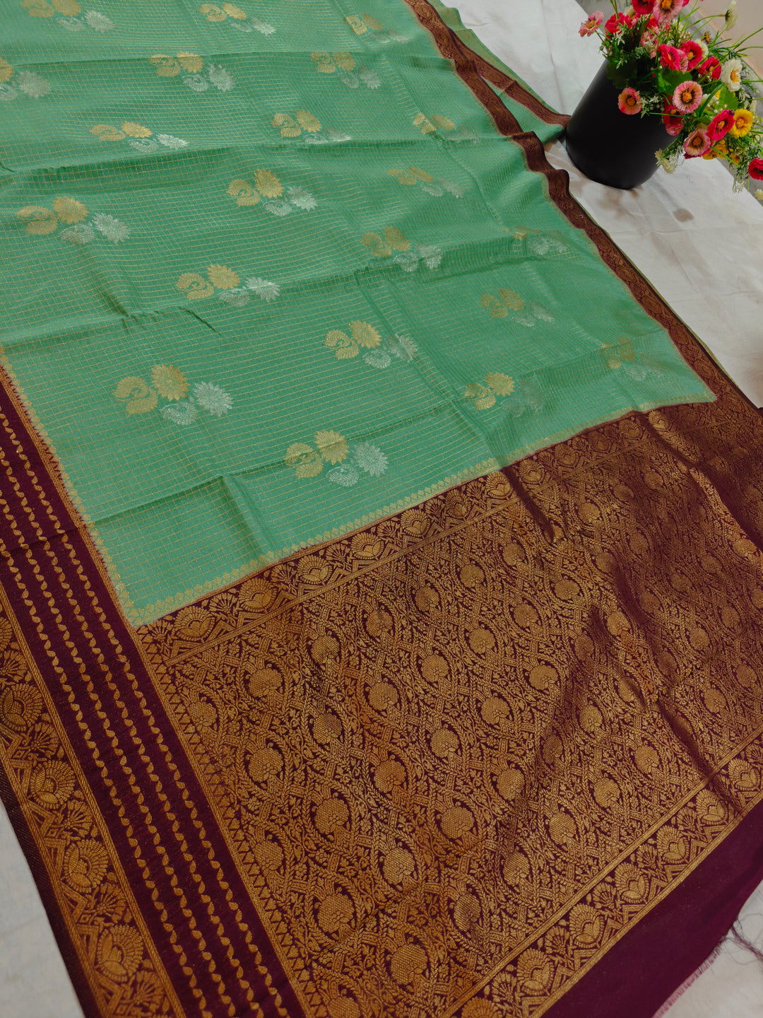 PISTA GREEN CREPE GEORGETTE CHECKS WITH GARNET BORDER