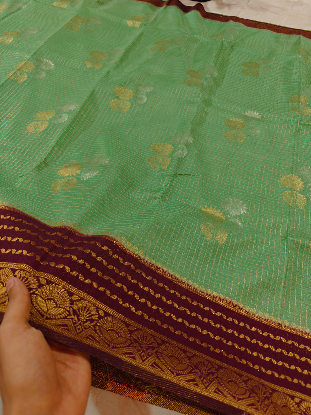 PISTA GREEN CREPE GEORGETTE CHECKS WITH GARNET BORDER