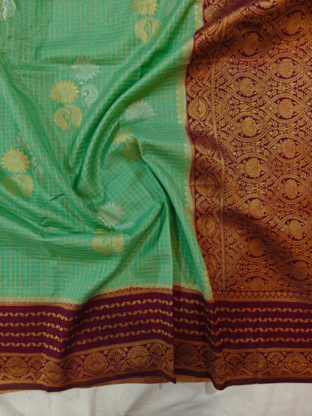 PISTA GREEN CREPE GEORGETTE CHECKS WITH GARNET BORDER