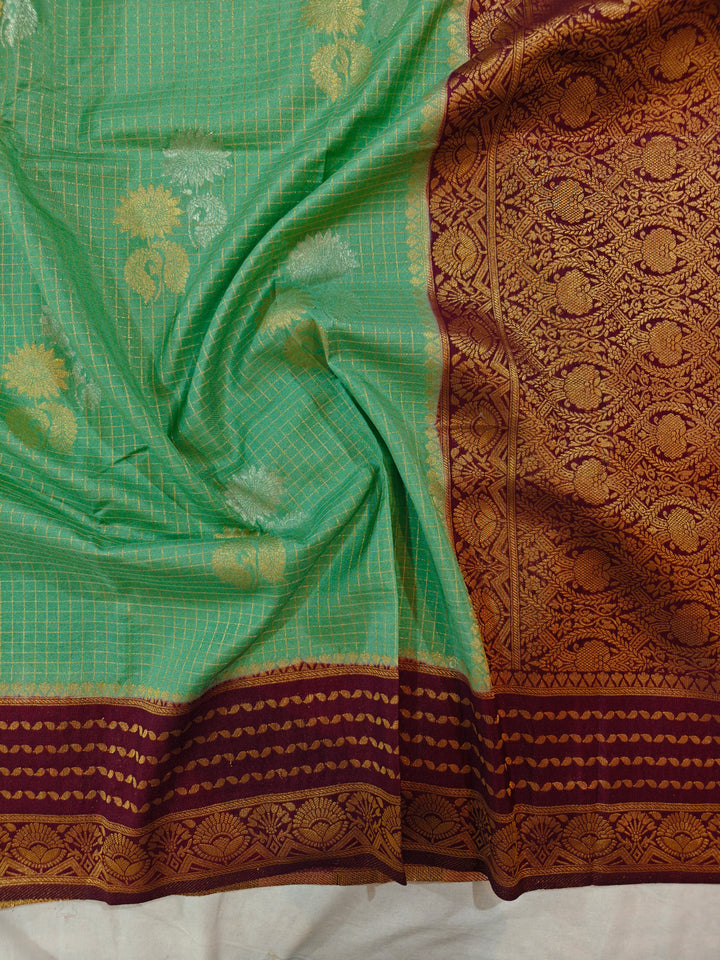 PISTA GREEN CREPE GEORGETTE CHECKS WITH GARNET BORDER
