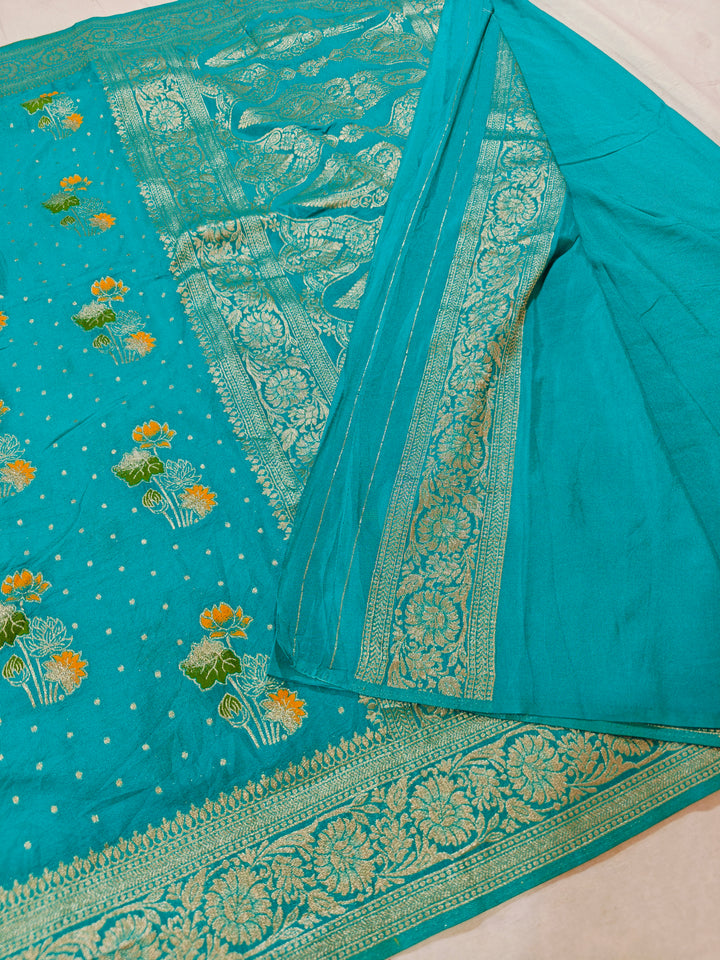 KHADDI GEORGETTE IN TEAL GREEN WITH PANCHRANG BOOTA