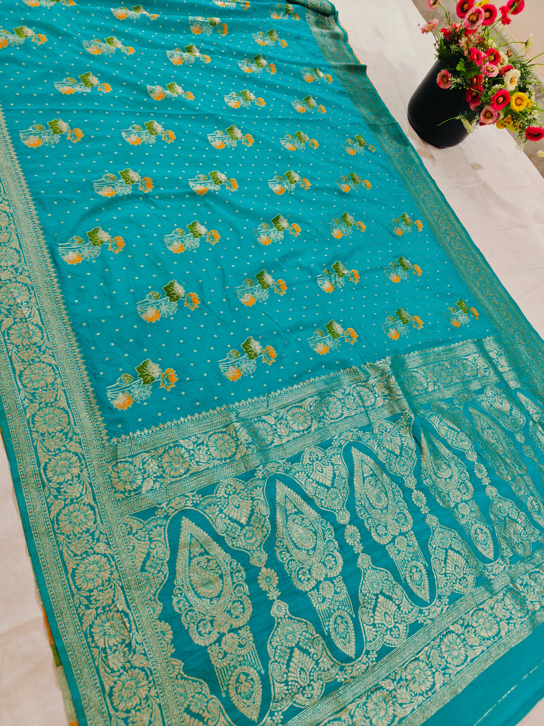 KHADDI GEORGETTE IN TEAL GREEN WITH PANCHRANG BOOTA