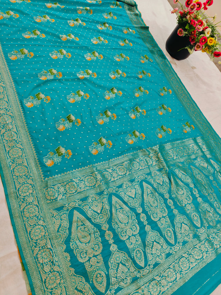 KHADDI GEORGETTE IN TEAL GREEN WITH PANCHRANG BOOTA