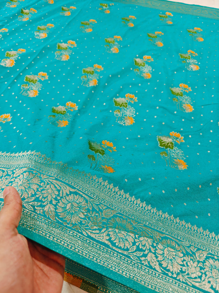 KHADDI GEORGETTE IN TEAL GREEN WITH PANCHRANG BOOTA