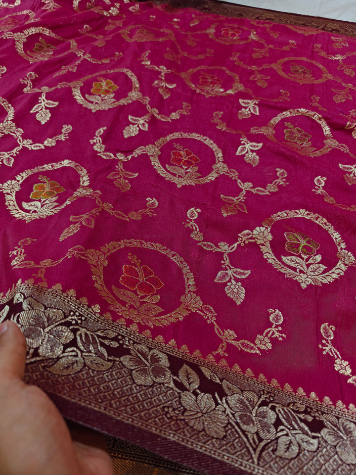 KHADDI GEORGETTE IN ONION COLOUR WITH  GARNET  BORDER