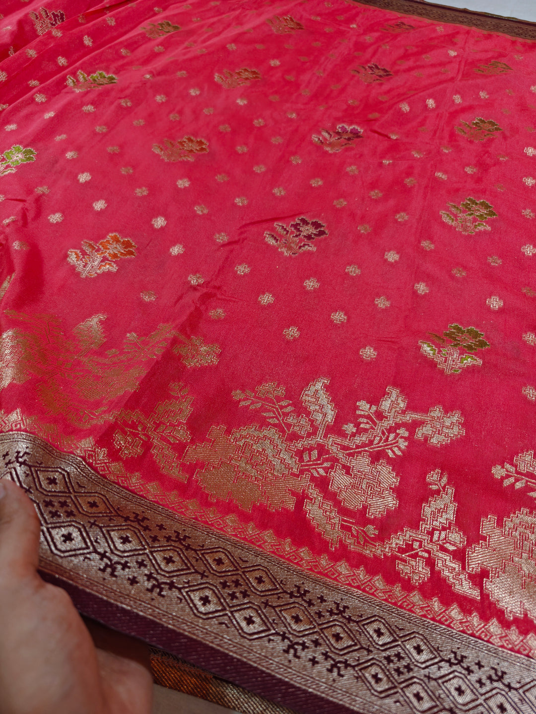 KHADDI GEORGETTE IN STRAWBERRY WITH GARNET BORDER