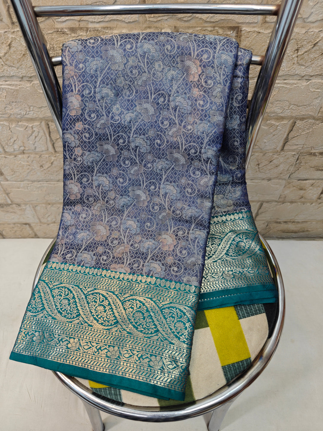 KASHMIRI TISU IN NAVY BLUE WITH DARK GREEN BORDER