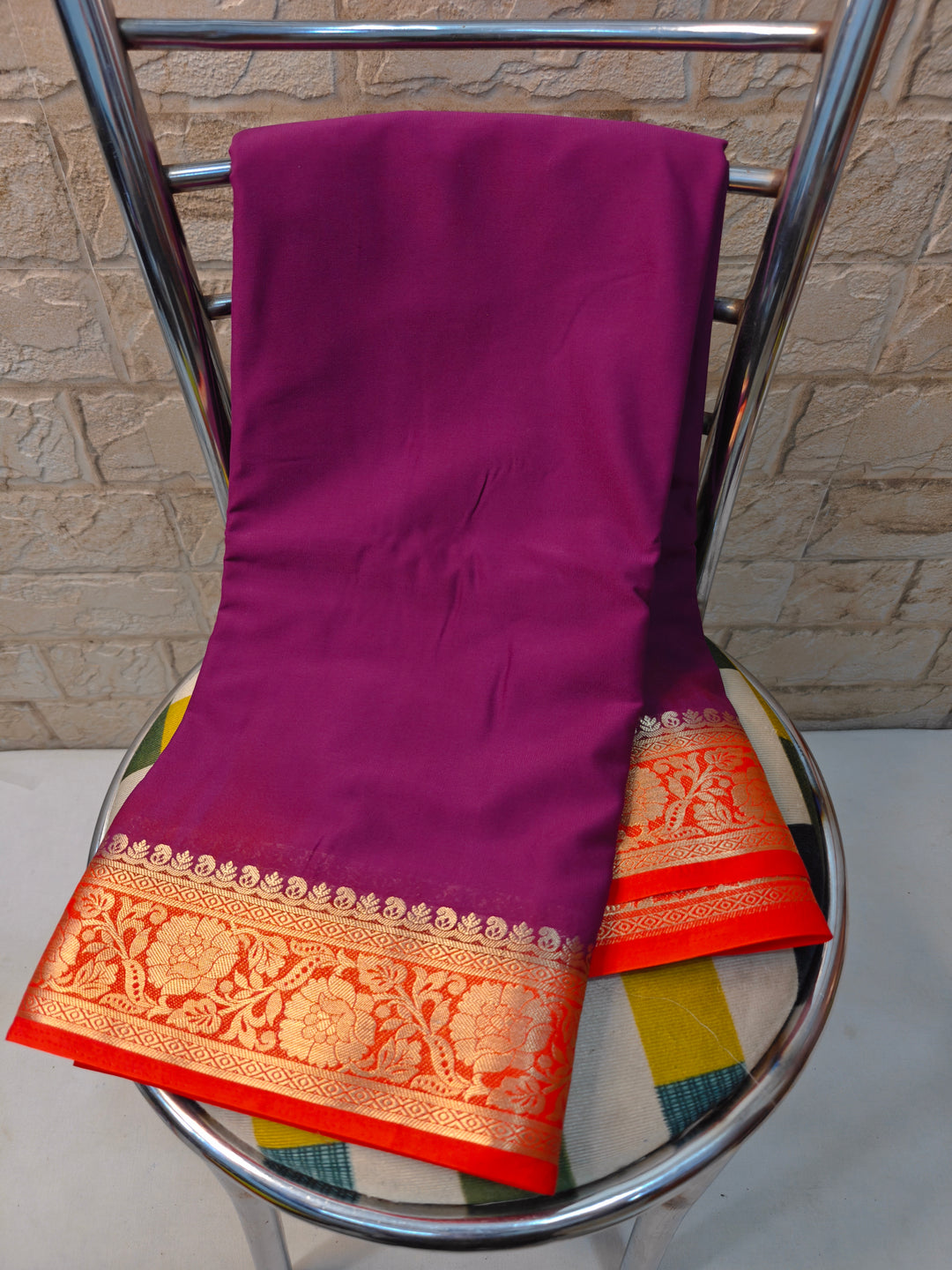 CREPE CHIFFON IN MAGENTA WITH ORANGE BORDER