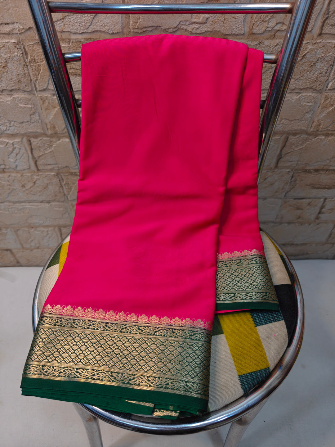 CREPE CHIFFON IN CHERRY RED WITH BOTTLE GREEN BORDER