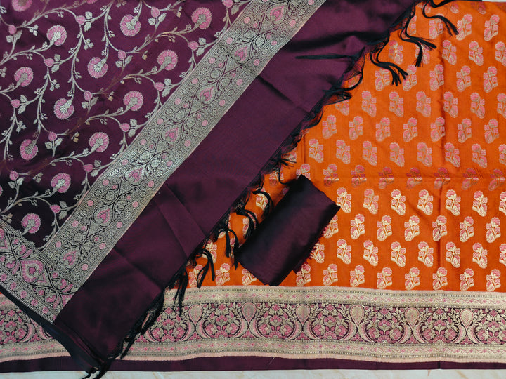 BANARASI SILK IN ORANGE WITH GARNET DUPATTA AND BOTTOM WEAR