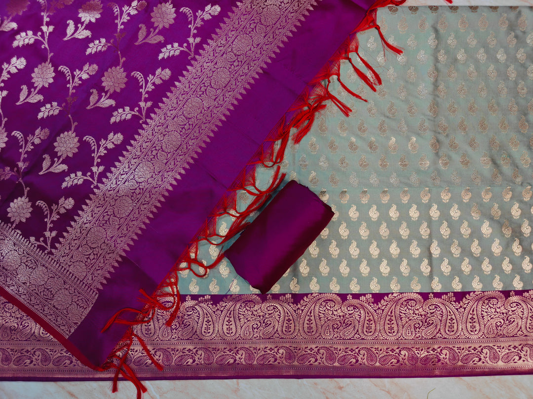 BANARASI SILK IN PISTA GREEN WITH MAGENTA DUPATTA AND BOTTOM WEAR