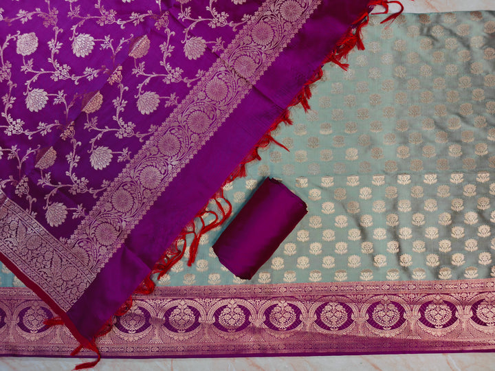 BANARASI SILK IN PISTA GREEN WITH MAGENTA DUPATTA AND BOTTOM WEAR