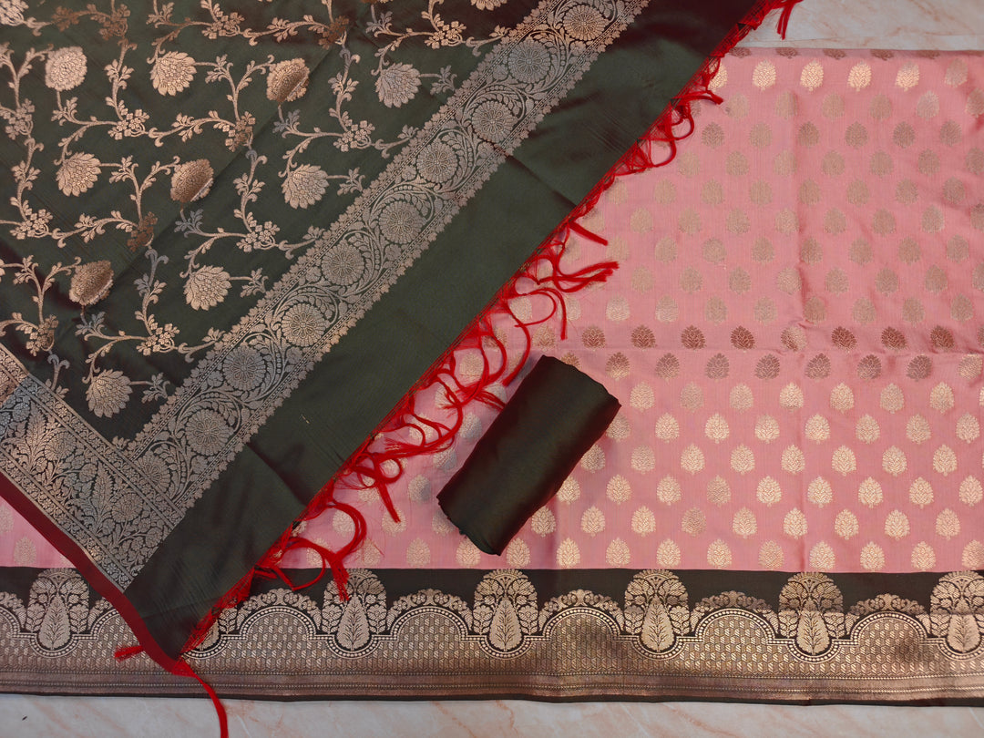 BANARASI SILK IN BABY PINK WITH BOTTLE GREEN DUPATTA AND BOTTOM WEAR