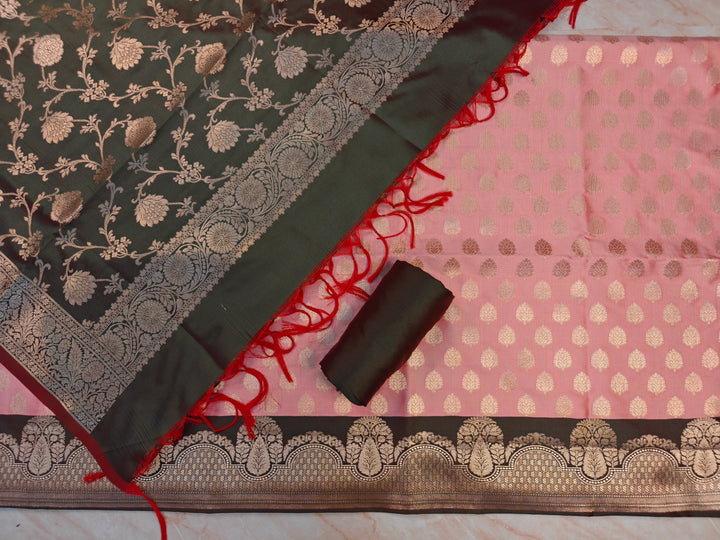 BANARASI SILK IN BABY PINK WITH BOTTLE GREEN DUPATTA AND BOTTOM WEAR