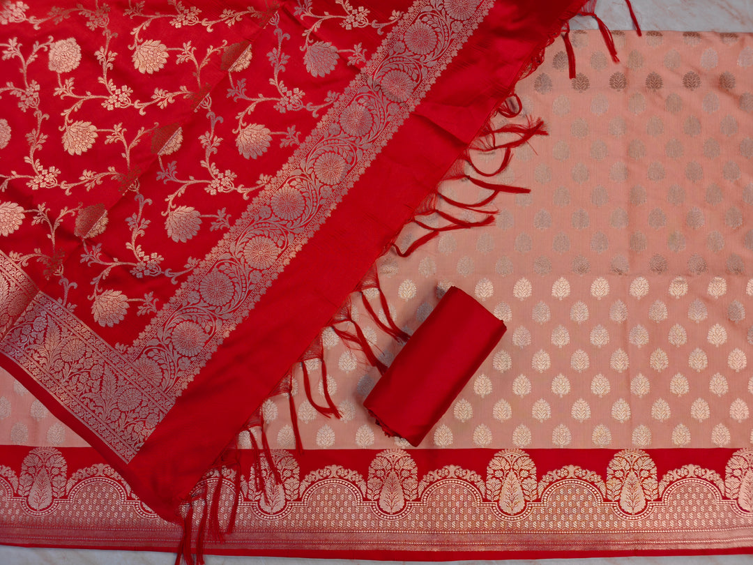 BANARASI SILK IN PEACH WITH RED DUPATTA AND BOTTOM WEAR