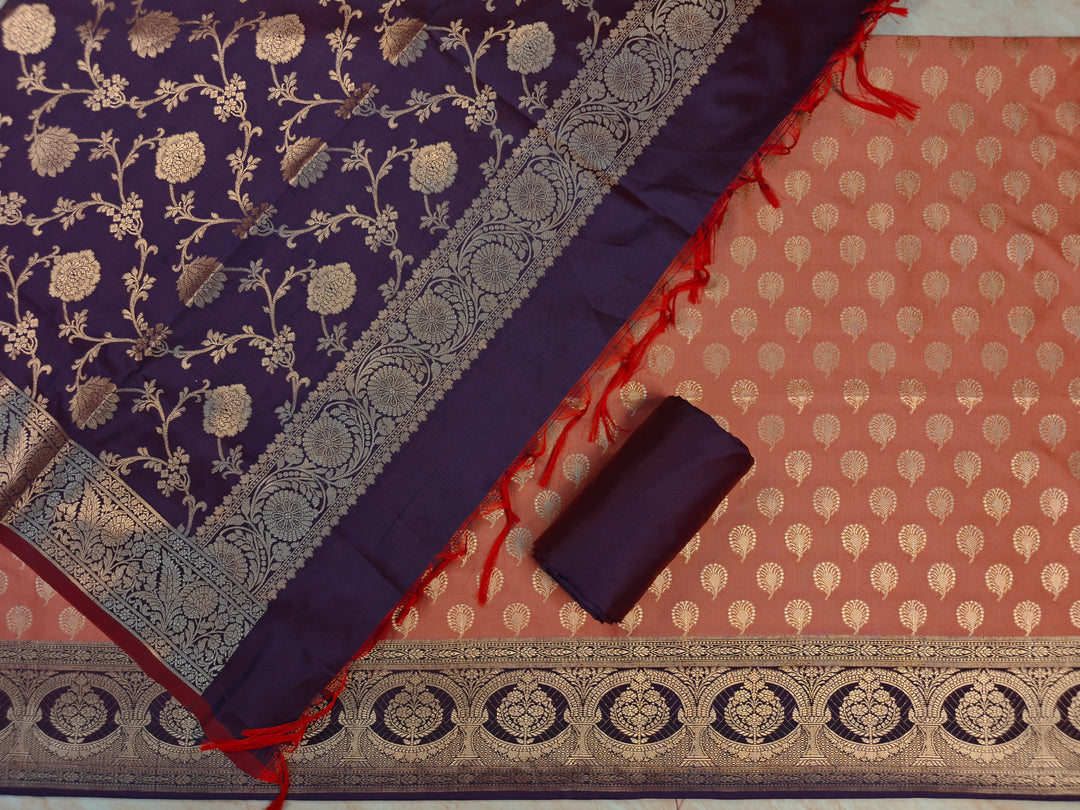 BANARASI SILK IN PEACHY ORANGE WITH VIOLET DUPATTA AND BOTTOM WEAR