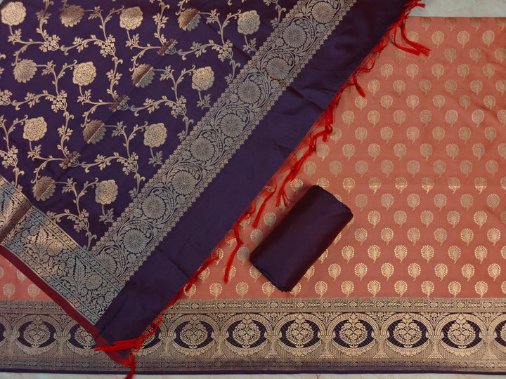 BANARASI SILK IN PEACHY ORANGE WITH VIOLET DUPATTA AND BOTTOM WEAR