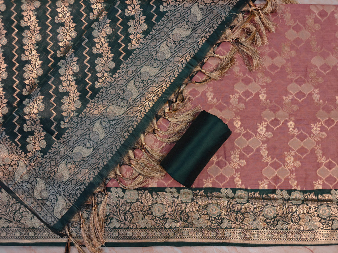 BANARASI SILK IN ONION COLOUR WITH DARK GREEN DUPATTA AND BOTTOM WEAR