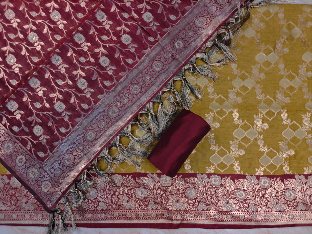 BANARASI SILK ALFI IN MUSTARD WITH MAROON DUPATTA AND BOTTOM WEAR